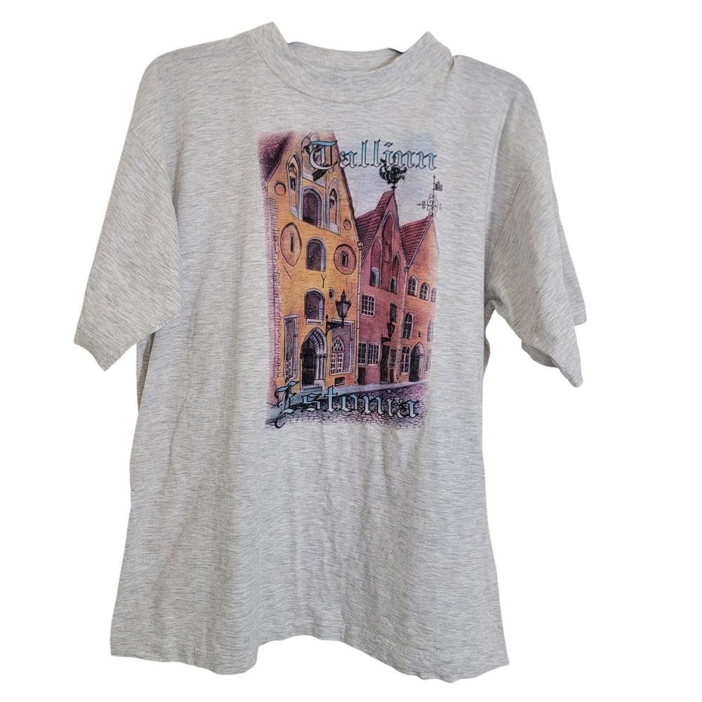VTG Single Stitch 90s Graphic Shirt XL Crew Short Sleeve Gray Tallinn Estonia